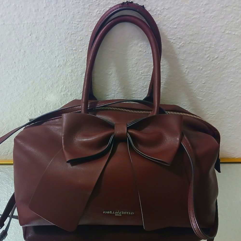 Karl Lagerfeld Paris Kris Leather Satchel Bow Bag Burgundy Merlot